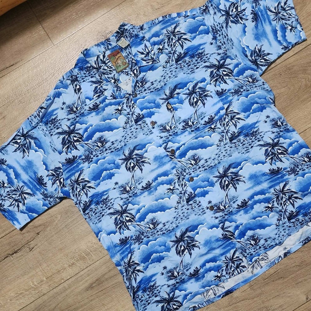 Pineapple Connection Mens XL Hawaiian Shirt Blue Tropical Palm Tree Rayon Camp